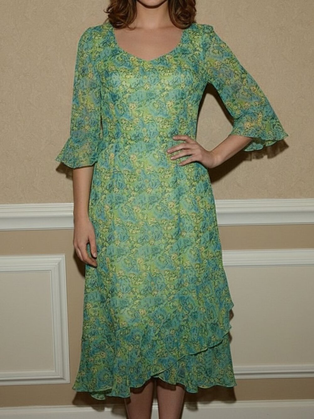 Jane Seymour Green Yellow Floral Ruffle Hem 100% Silk Midi Dress Size 18 NWT